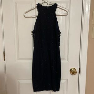 Honey and Rosie navy blue, glittery dress. Halter neck w/ side accent. Size S.